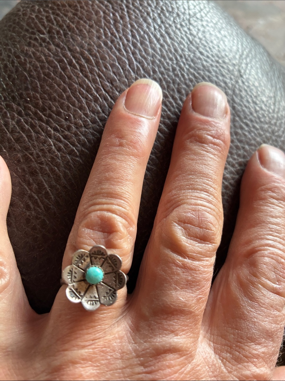 Ring Native American Flower sterling Silver Turquoise sz. 6 1/2